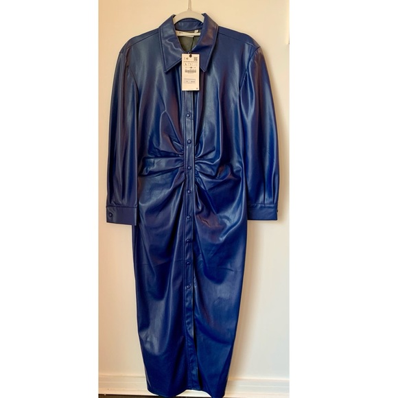 Zara Dresses & Skirts - ZARA Faux Leather Blue MIDI Shirtdress SZ Large/10-12